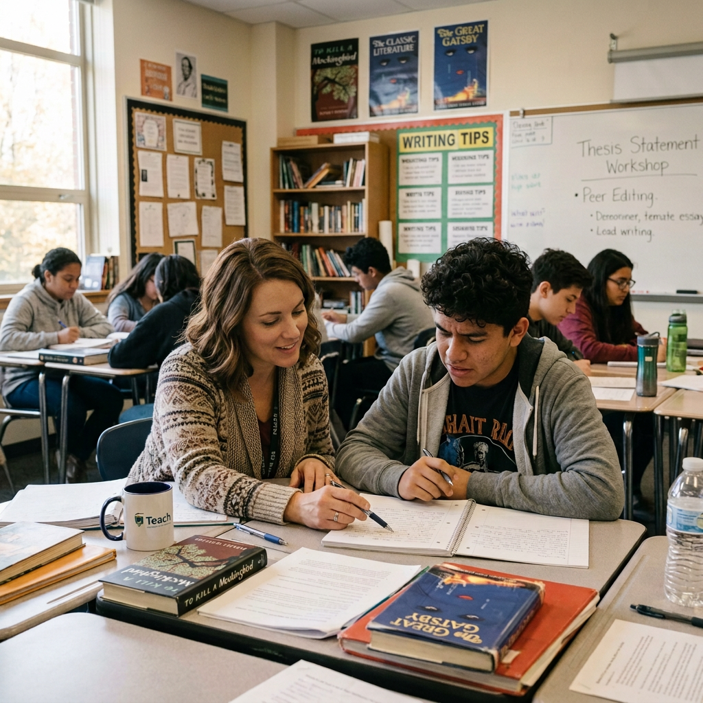 Teacher and student working together on writing assignment in classroom