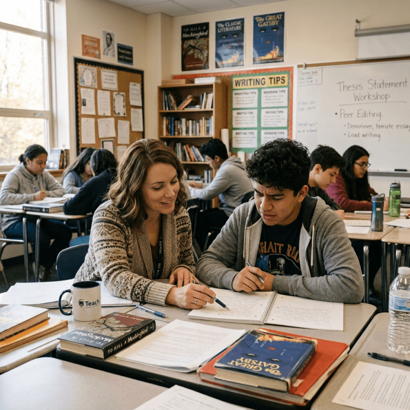 Teacher and student working together on writing assignment in classroom